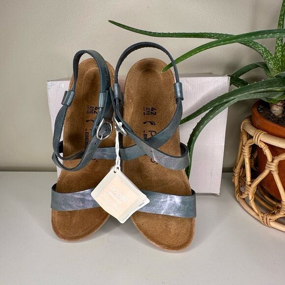 Birkenstock Papillio Sibyl Ring Buckle Metallic Black Leather Wedge Sandals 11 - Picture 3 of 12